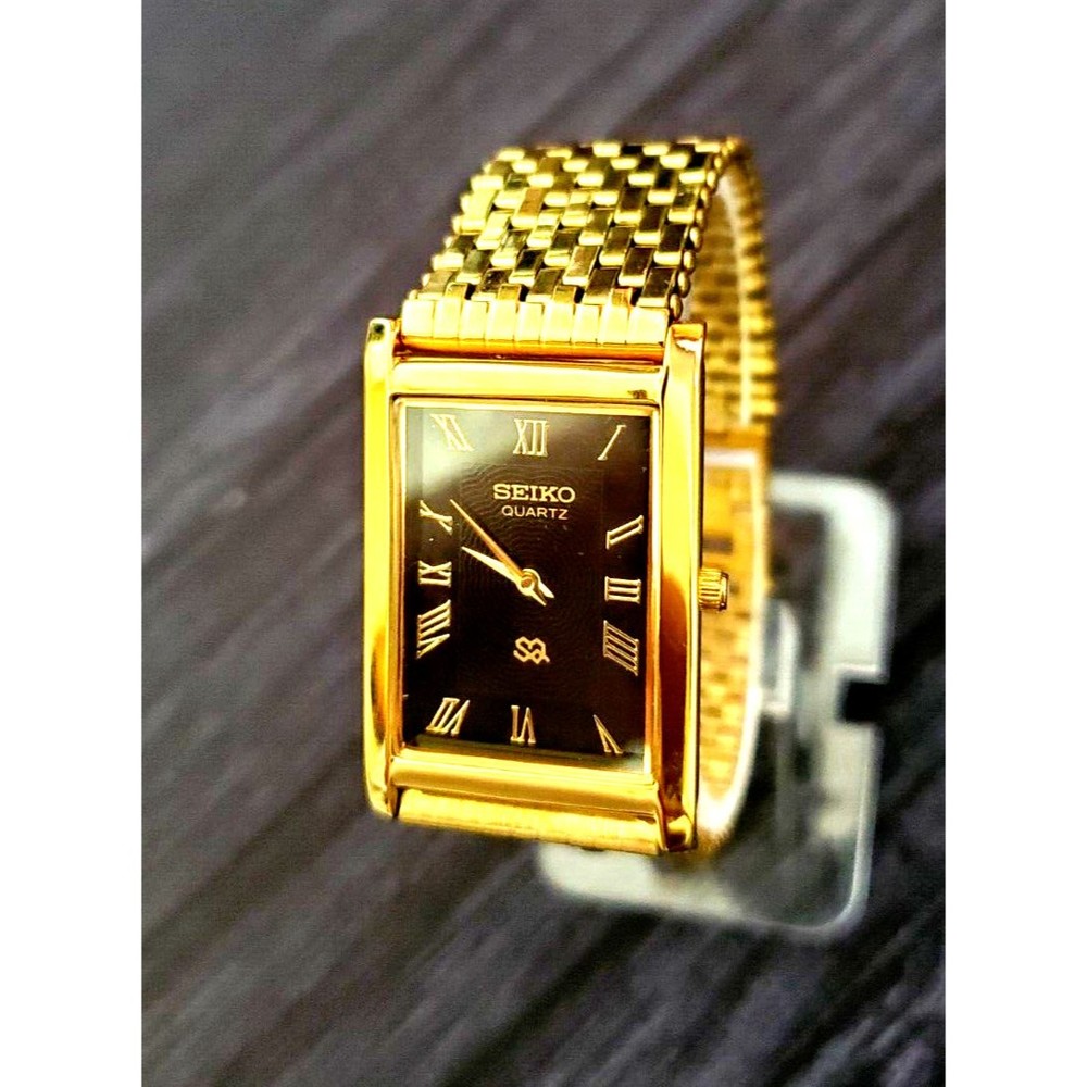 *RARE NOS Seiko‎ SQ Tank Rectangular Gorgeous Black Dial Milanese band Men…